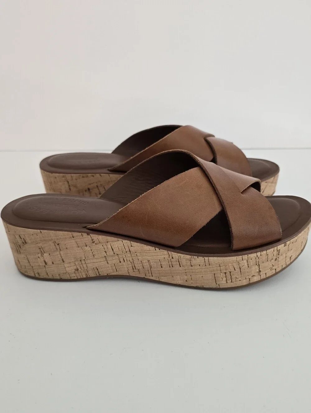 Kork-Ease Brown Leather Cork Wedge Slide Sandals